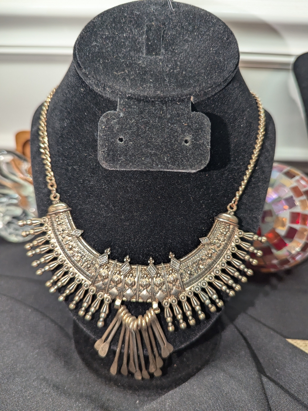 Antique-Style Gunmetal Fringe Statement Necklace